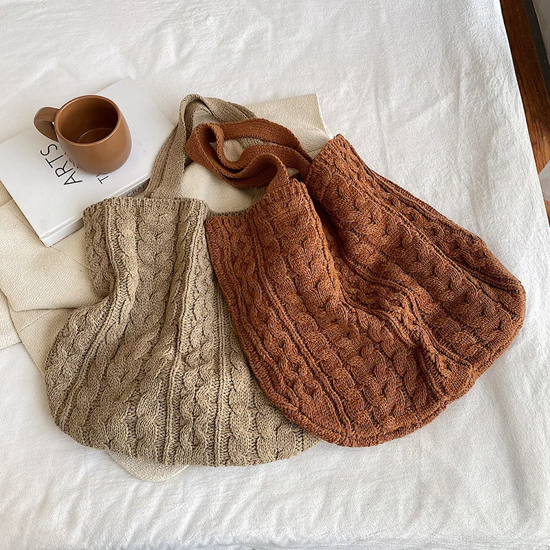 

Winter Fashion Original Style Girls Shoulder Bag Large-capacity Shopping Handbags Knit Design Ladies Classic Tote