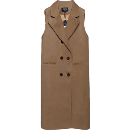 Двубортный зубчатый длинный жилет однотонный Длинный женский хаки с карманами