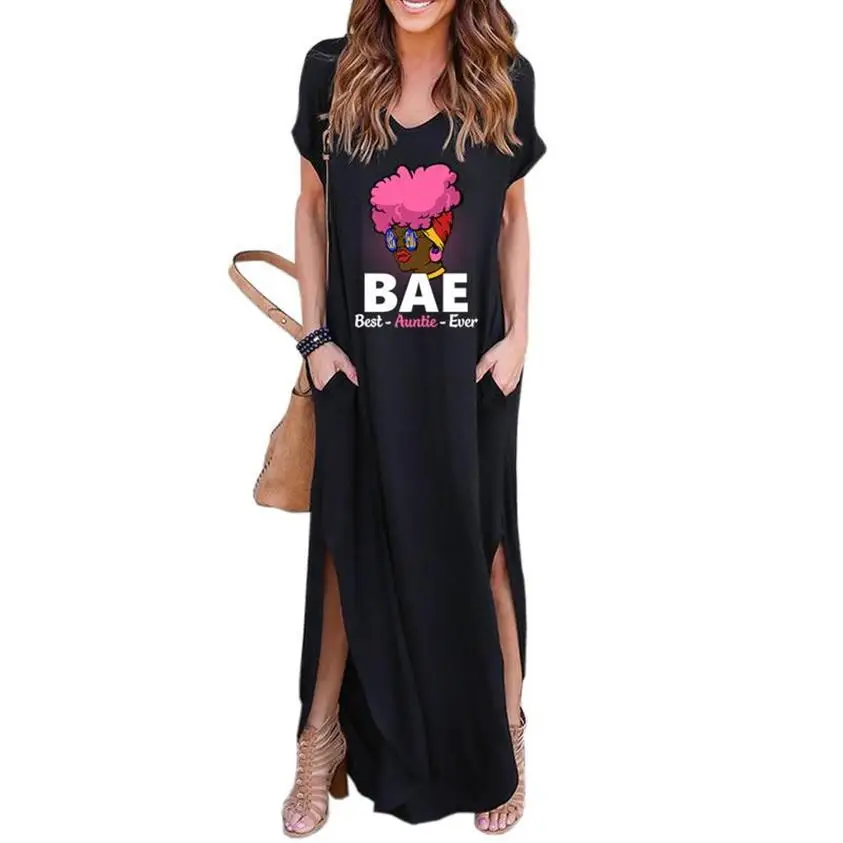 

Women's Summer African Black Bae Best Auntie Ever Long Dress Casual Loose Pocket Short Sleeve Maxi Dresses Oversized Drop Ship