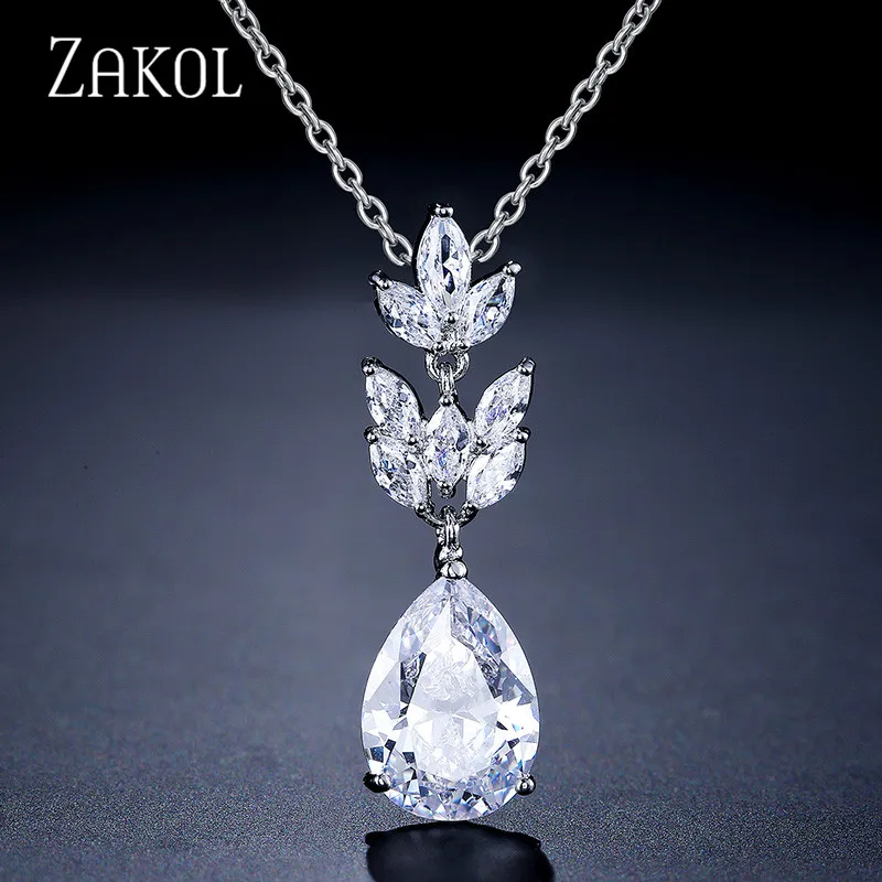 White ZAKOL модное ожерелье с кулоном в виде листьев из Кубического циркония в форме капли воды для женщин, свадебные вечерние ювелирные изделия FSNP2144 - Окраска металла: White