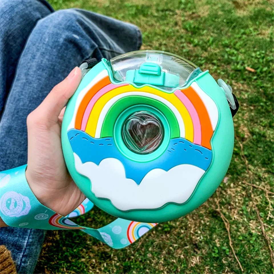 

Children Portable Water Bottle Kids Donut Shape Cartoon Animal Drink Bottles with Strap Cute 400ml Circle Straw Water Cup