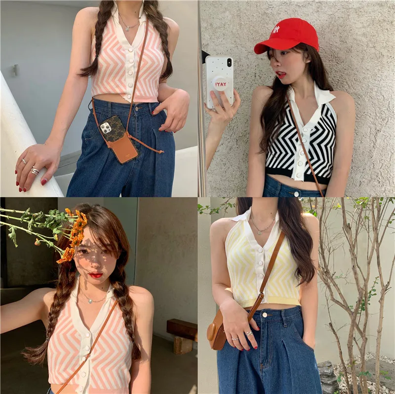 

Hipster Streetwear Off Shoulder Knitted V-neck Halter Tank Top Women Fashion Brand Sleeveless Tees Female Striped Tanks New
