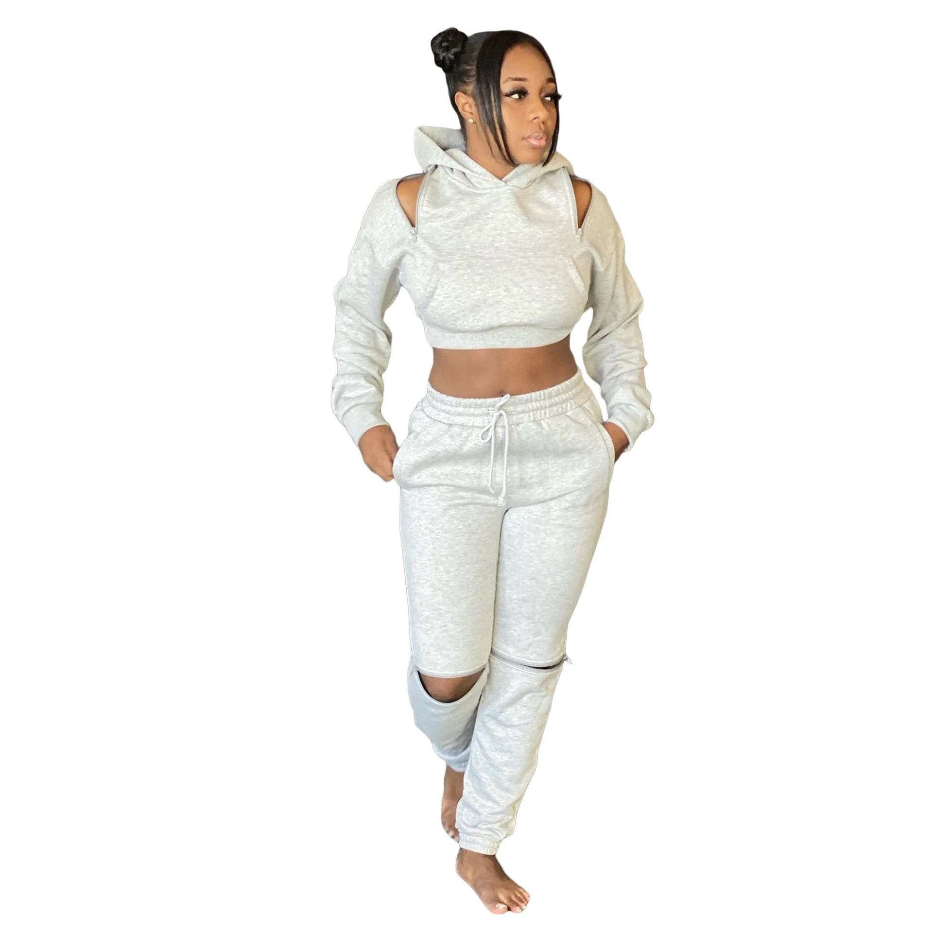 

Hollow Out 2 Two Pieces Sets Sweatsuits for Women Tracksuit Outfits Hoodies Crop Top Sweatshirt + Pants Hooded Clothing Suits