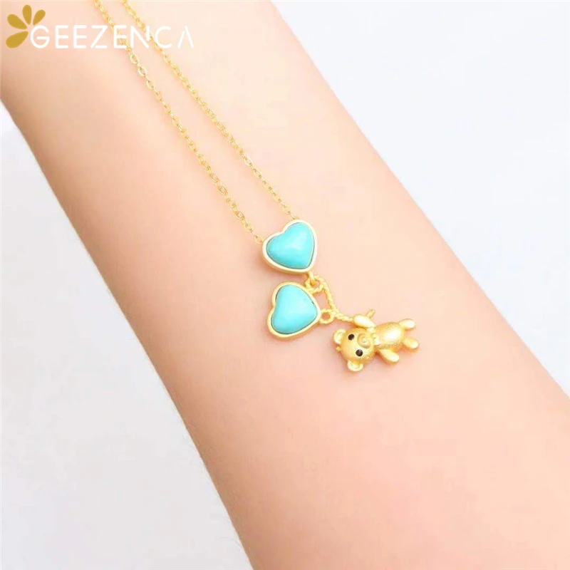 

S925 Silver Turquoise Gold Plated Pendant Necklace For Women Cute Bear Trendy Fine Jewelry Choker Necklaces Party Christmas Gift