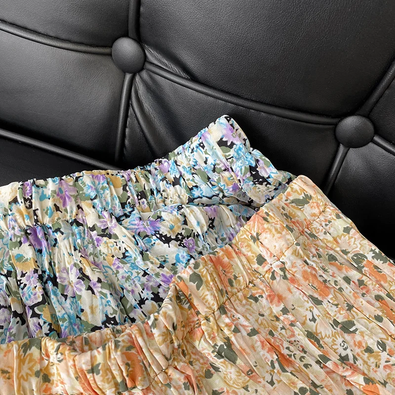 

Irregular Floral High Waist Skirt Women 2021 Summer Elastic Waist Pleated Oil Painting Skirts