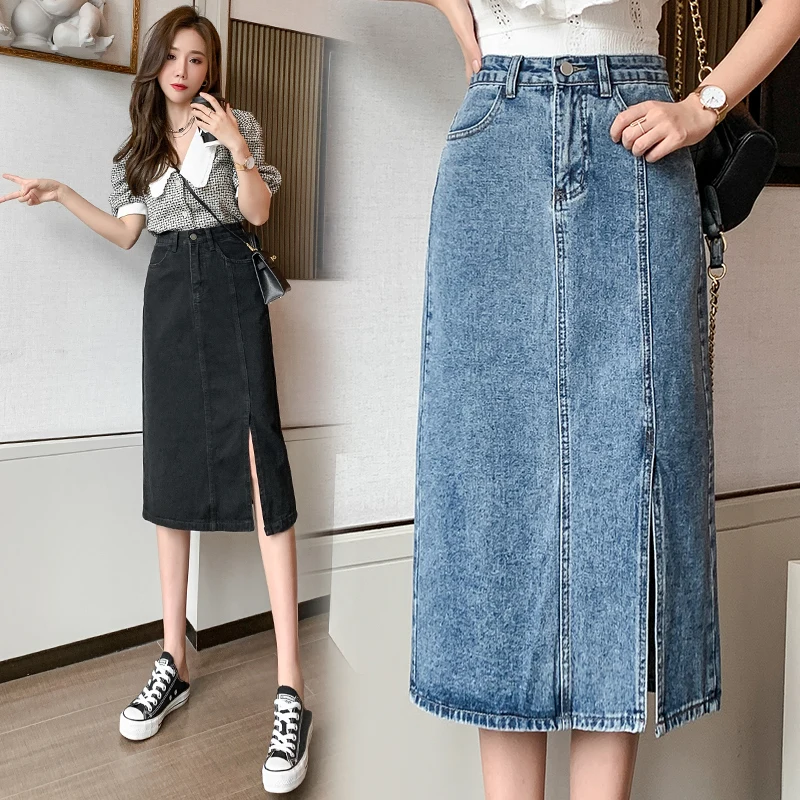 

Fashion Women Long Denim Skirts 2021 Spring Summer Elegant Female Split Casual A-Line Office Ladies High Waist Mid Skirt S114