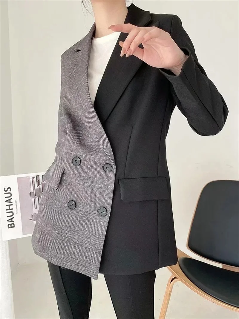 2023 Women Double Breasted Mid-Length Patchwork Casual Office Blazer Suit Commute Formal Clothing Classic Contrast Colors Blazer