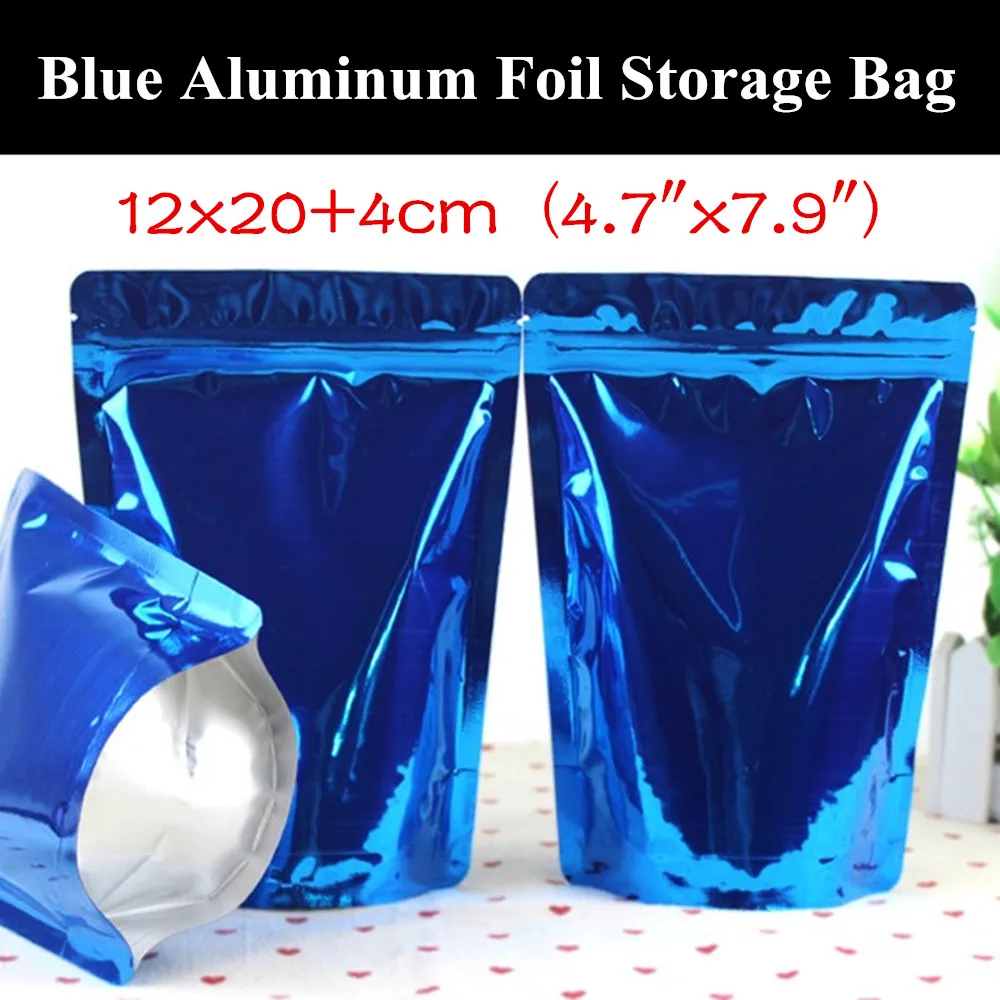 

50 шт 12x20 + 4 см (4,7 "x 7,9") 280 микрон синий цвет Алюминиевая фольга Ziplock мешок Doypack Recloseable цветной Майларовый мешок на молнии