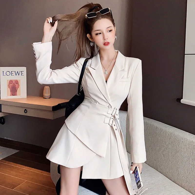 

Elegant Solid Blazer Dress Ladies Mini Party Fashion Ladies One Dress Korean Belt Long Sleeve Irregular Patchwork Dress 2021 New