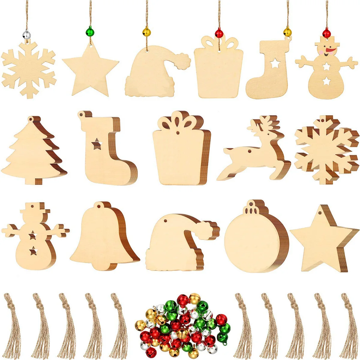 10PCS Wooden Christmas Ornaments Xmas Tree Hanging Pendant Snowflake Fir Tree Snowman Deer Bell Christmas Decoration