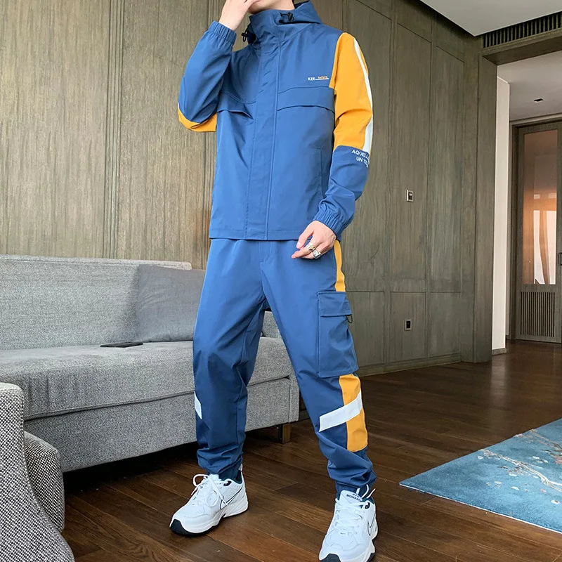 

Спортивный костюм мужской с капюшоном, Свитшот в стиле хип-хоп, брюки-султанки в стиле пэчворк, комплект спортивной одежды из 2 предметов, ве...