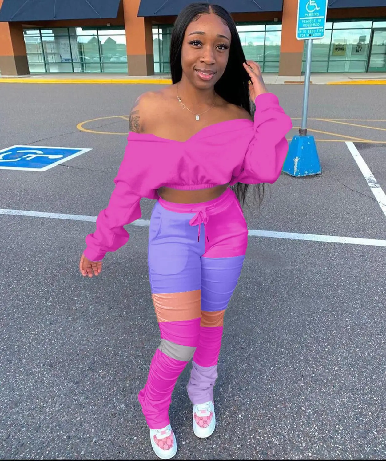 

Winter Women Casual Tracksuit Sexy Patchwork Color Sportswear Tops + Long Pants Two Piece Suit Set Fall Sportwear