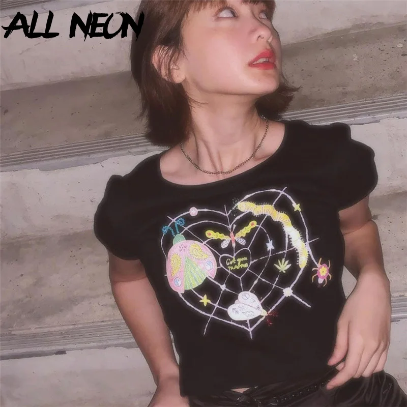 

ALLNeon 2021 Y2K Cartoon Print Black Crop Tops Women Summer Cute O-neck Short Sleeve Baby Tees E-girl Aesthetics Outfit Gothic