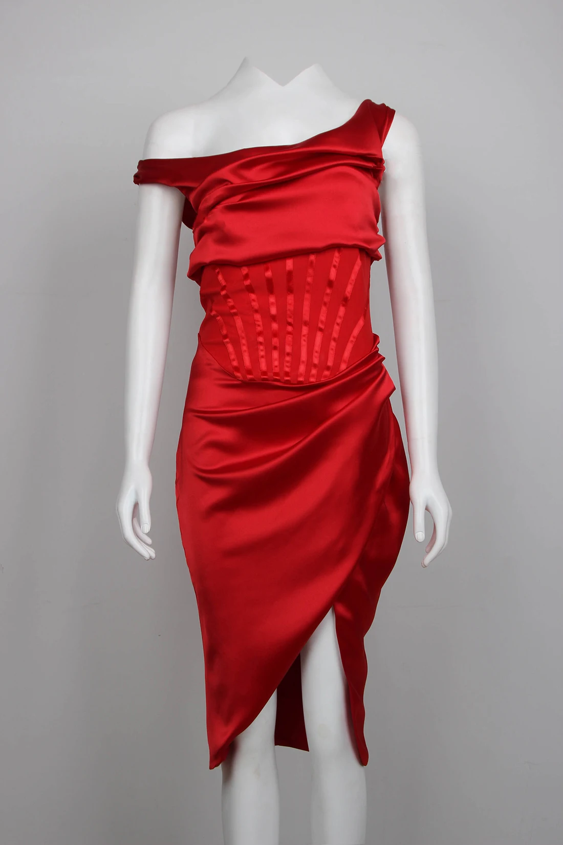 Red Asymmetric Drape Midi Corset Dress 
