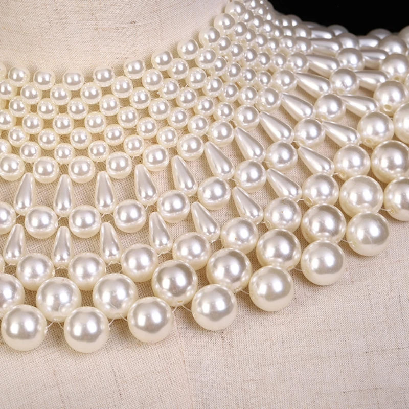 

Wedding Dress Statement Necklace Fanshaped Pearl Beaded Bib Choker Collar Shawl XX9D