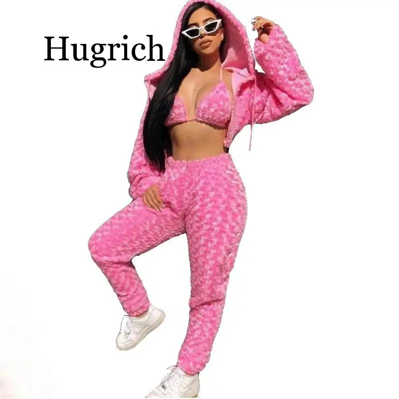 Пушистый Розовый пикантный комплект из 3 предметов женская одежда 2020 уличная