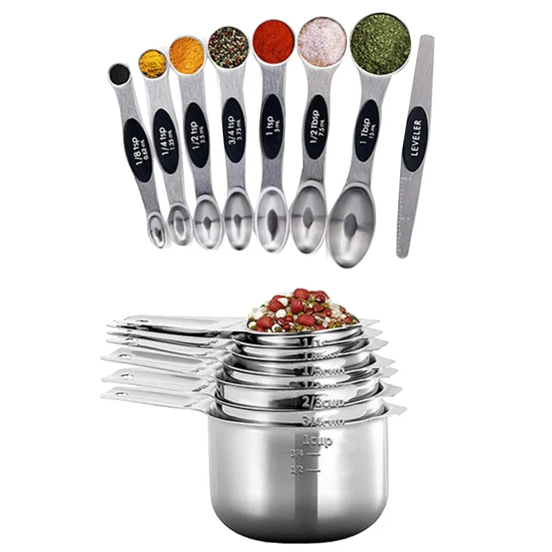 

15Pcs Stainless Steel Measuring Cups And Spoons Set Double Head Magnetic Measuring Spoon Kitchen Accessories