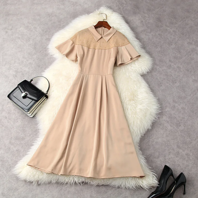 

Women beading mesh patchwork short sleeve dress spring summer 2021 peter pan collar a-line elegant midi dresses black red khaki