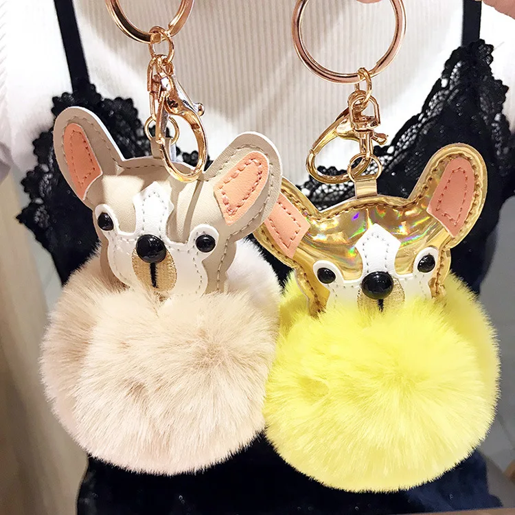 Ins Style Cute Bulldog Hair Ball Keychain Plush Doll Lady Bag Pendant Car Key Chain Jewelry Girl Christmas Gift