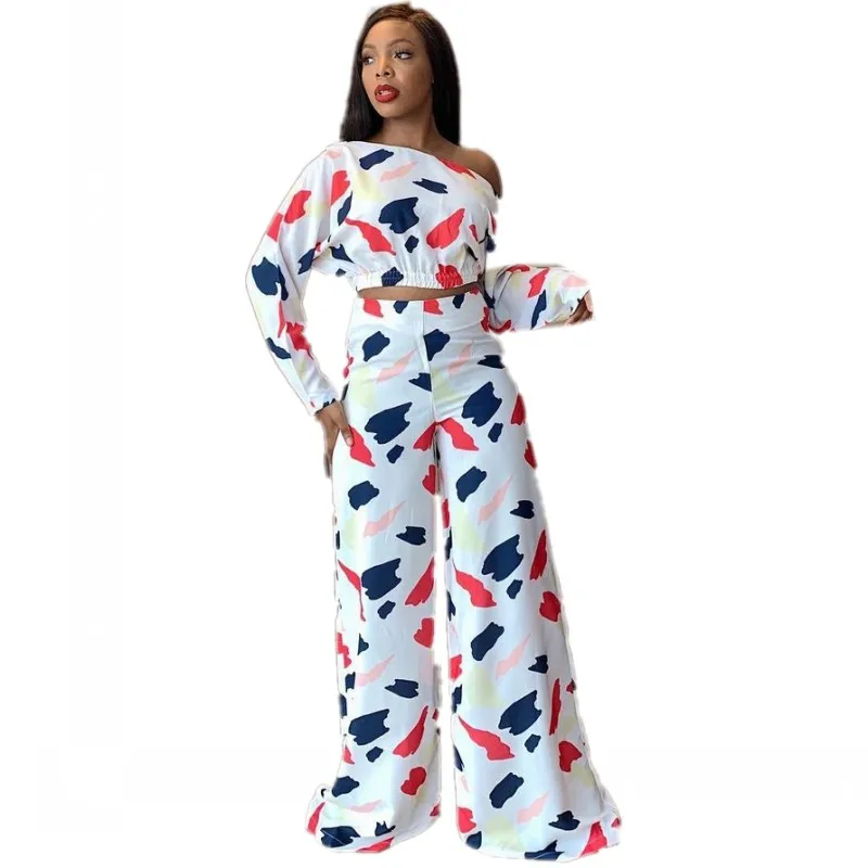 Spring And Summer 2021 New Print Pantsuit Ladies Diagonal Shoulder Long Sleeve Top + Casual Pants Fashion Sexy Suit S-XL