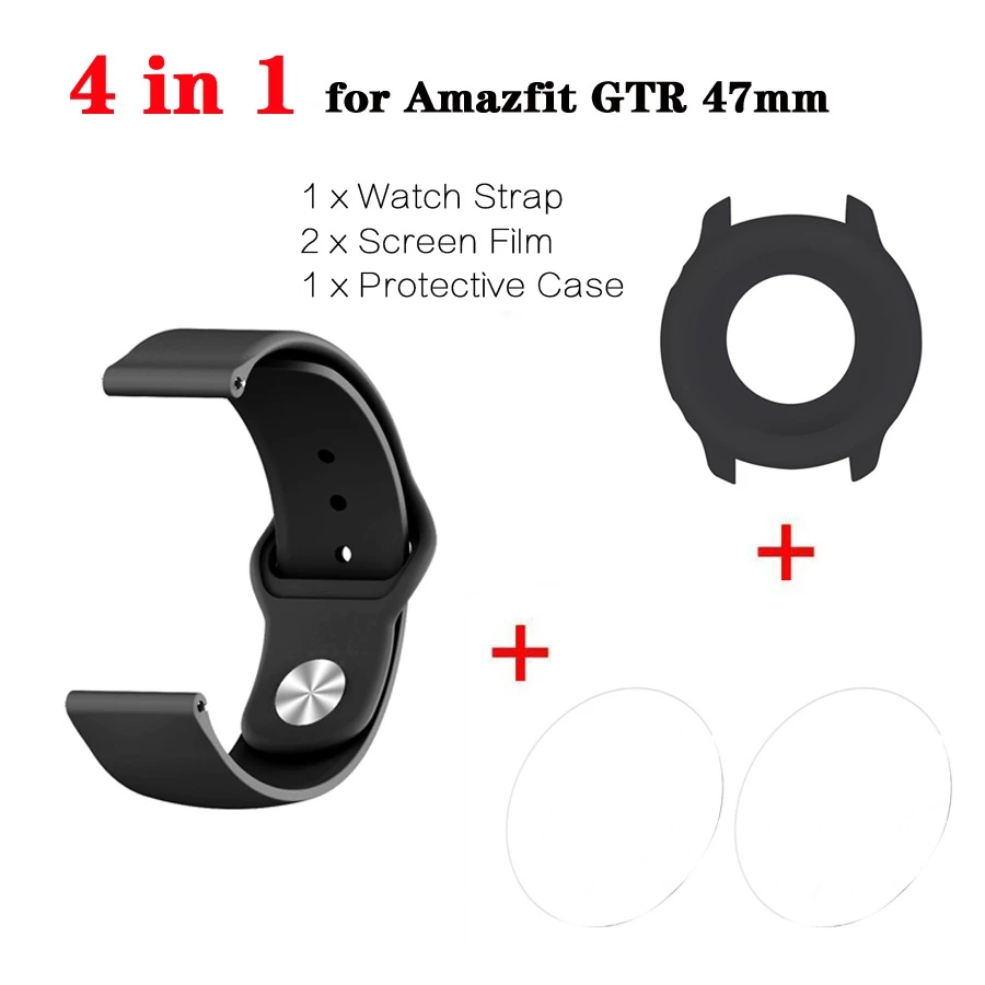 Черный 4 в 1 для Amazfit GTR ремешок браслет+ чехол для часов бампер+ Закаленное стекло протектор экрана для Huami Amazfit GTR 47 мм - Цвет: Черный