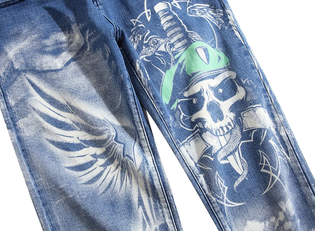 Skinny Jeans Men Straight Slim Fit Hip Hop Jean 3D Colored Printed Skull Designer Denim Jeans Pants Male Casual Trousers