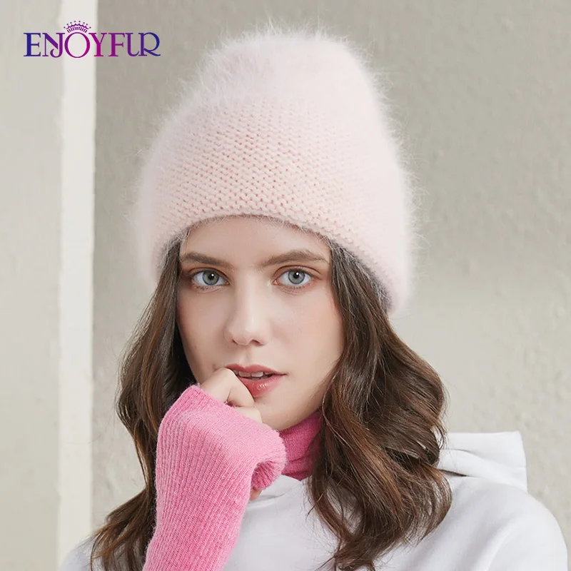 Женская шапка бини с манжетами ENJOYFUR теплая однотонная Шапка из ангоры и