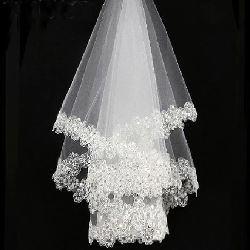 2022 On Sale Latest Arrival White Lace Edge White Tulle Bridal Wedding Veils One Tier Beaded 120cm Bride Veils Wedding Accessory