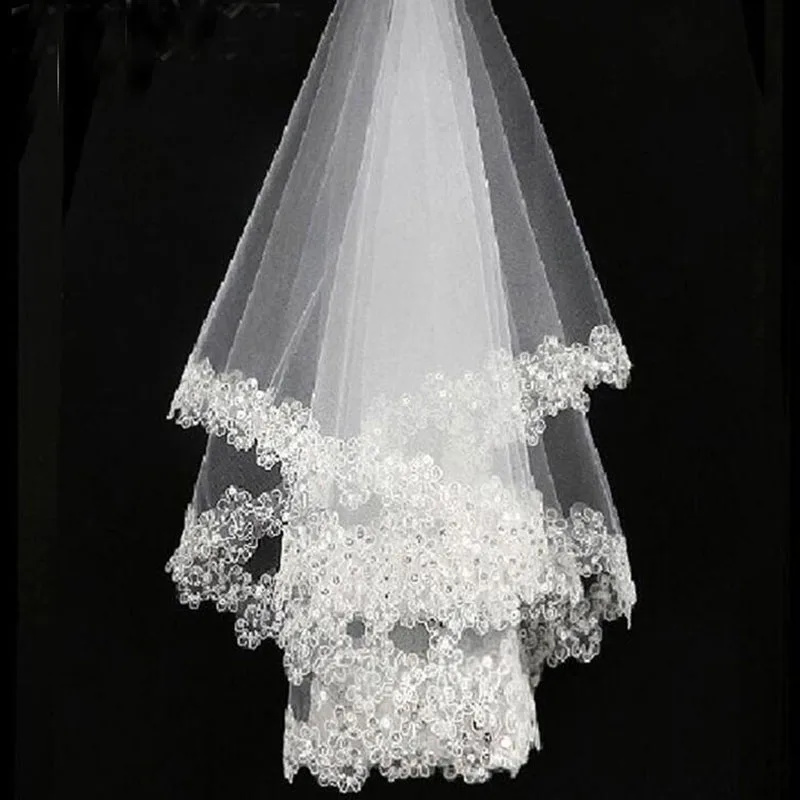 2021 On Sale Latest Arrival White Lace Edge Tulle Bridal Wedding Veils One Tier Beaded 120cm Bride Accessory | Свадьбы и торжества