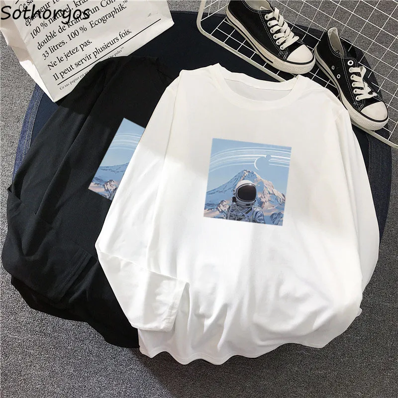 

Женские футболки с длинным рукавом, универсальные, весенне-осенние, повседневные, свободные, с круглым вырезом и принтом в стиле Харадзюку