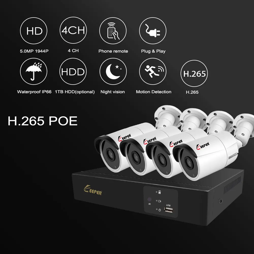 Хранитель H.265 4CH 5MP POE камера безопасности Система комплект аудио запись ip-камера ИК Открытый водонепроницаемый CCTV видеонаблюдения NVR комплект