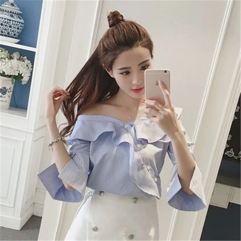 Новые модные женские полосатые рубашки с расклешенным рукавом Блузка топы и