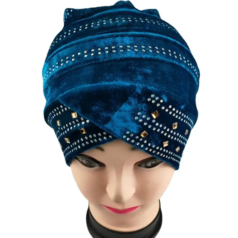 

Muslim Fashion Turban Headscarf Hat Beanies Women Velvet Rhinestone Chemotherapy India Hair Band Hats Bandana Hijab Headband