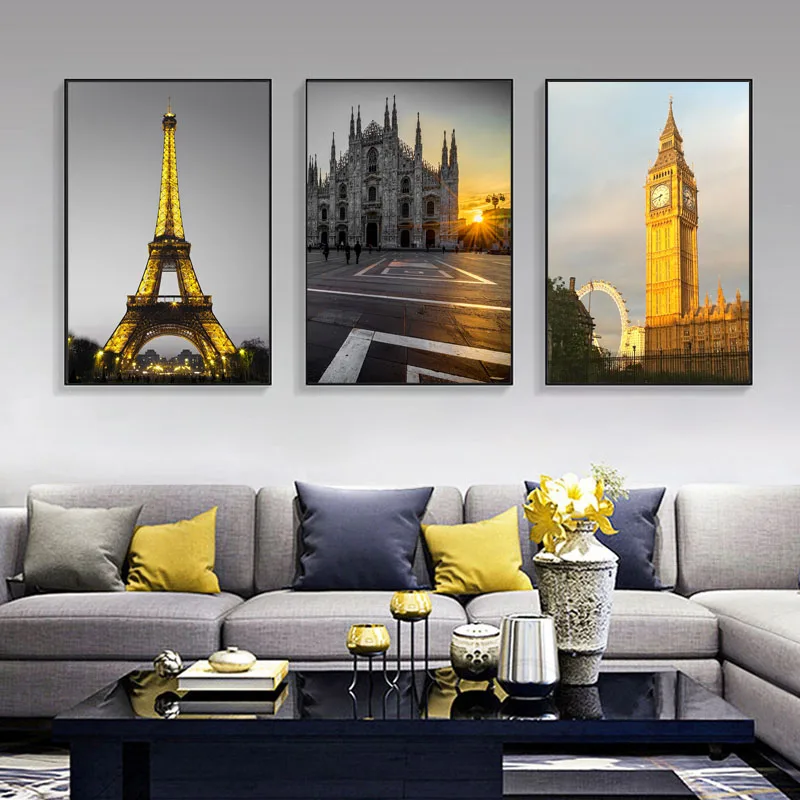 

Modern Famous Landscape Eiffel Tower Big Ben Canvas Painting Church Poster and Prints Wall Art Picture for Room Home Decortion