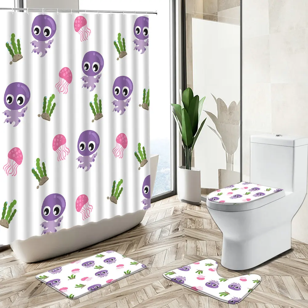 Comprare Cartone Animato Divertente Tartaruga Polpo Tenda Da Doccia Oceano Pianta Animale Bambini Bagno Decor Tappeto Antiscivolo Coperchio Wc Set Tappetino Da Bagno