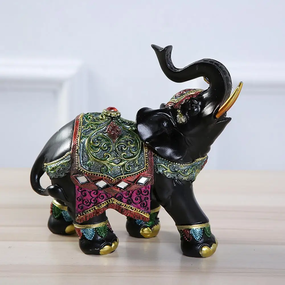 1PC Resin Mascot Lucky Feng Shui Wood Elephant Statue Sculpture Wealth Figurine Gift Carved Resin Office Home Decoration