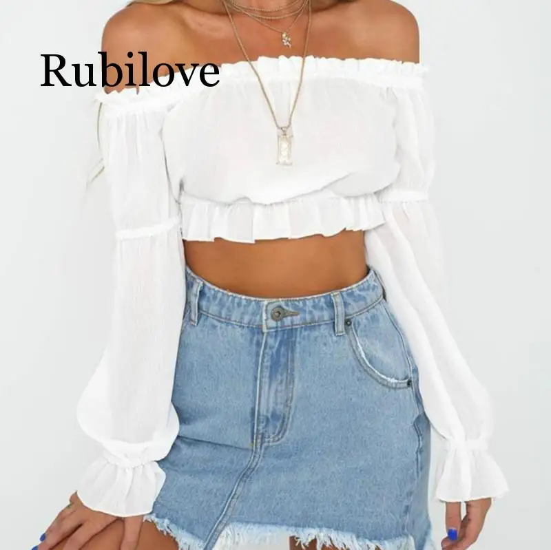 

Sexy Elegant Fashion Fungus Strapless Chiffon Shirt Long Sleeve Open Halo Strapless 2 Color T-shirt Tops Summer