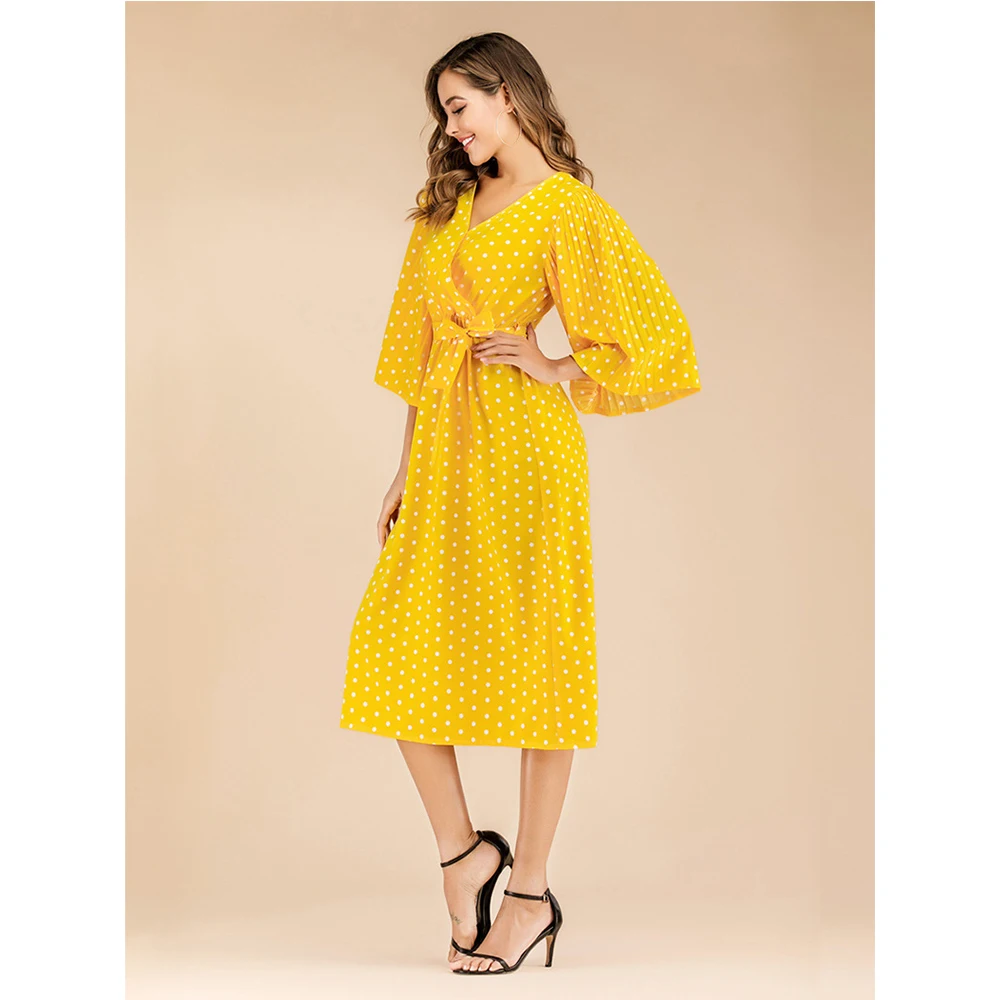 Женское винтажное длинное платье в горошек желтое элегантное облегающее