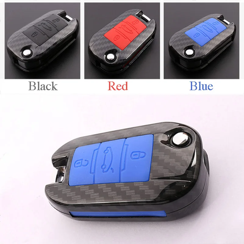 

ABS Carbon Fiber Shell+Silicone Cover Remote Key Holder Fob Case&KeyChain For Peugeot Series