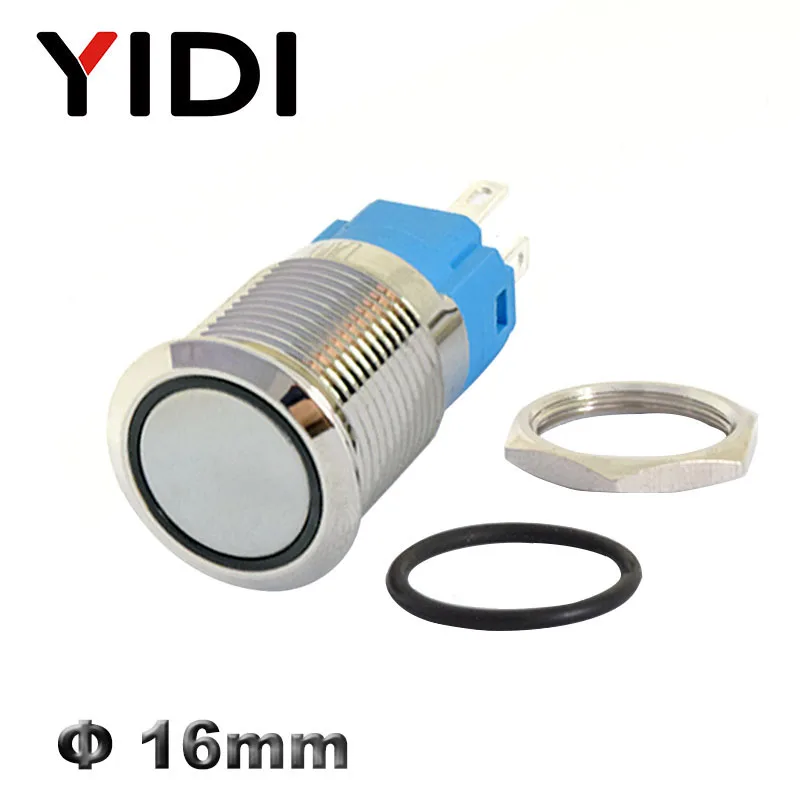 16mm LED Illuminated Flat Metal Push Button Switch on Off Latching 1NO1NC Momentary 12V 220V Red Green Blue Amber Led Switch