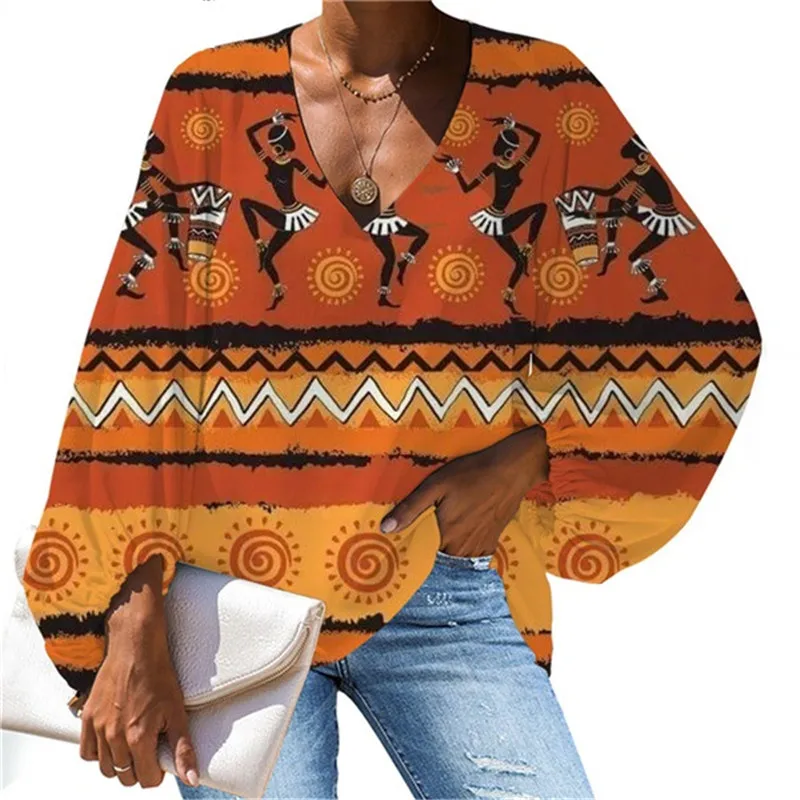 

Women Chiffon Vintage Blouse African Style Women V-Neck Loose Long Sleeve Tops Soft Lady Casual Plus Size Clothing Camisas Mujer