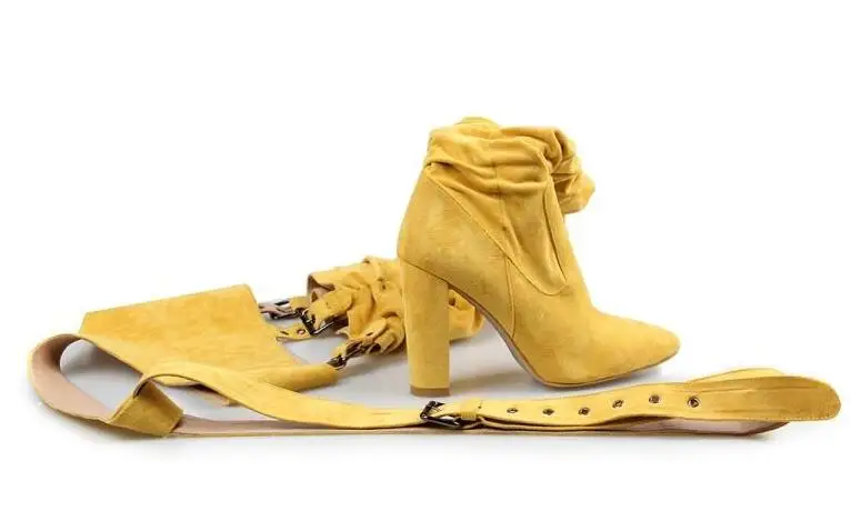 Red Yellow Black Suede Woman Pointed Toe Over The Knee Buckles Sexy Pants Belts Boots High Heel Square Toe Long Boots Lady