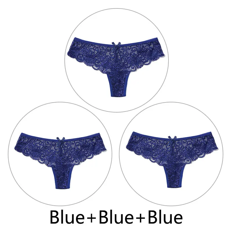 Blue Blue Blue 3 шт., сексуальные кружевные трусики женские стринги и стринги, открытая низкая талия, нижнее белье, прозрачные танга, женское нижнее белье, дышащее - Цвет: Blue Blue Blue