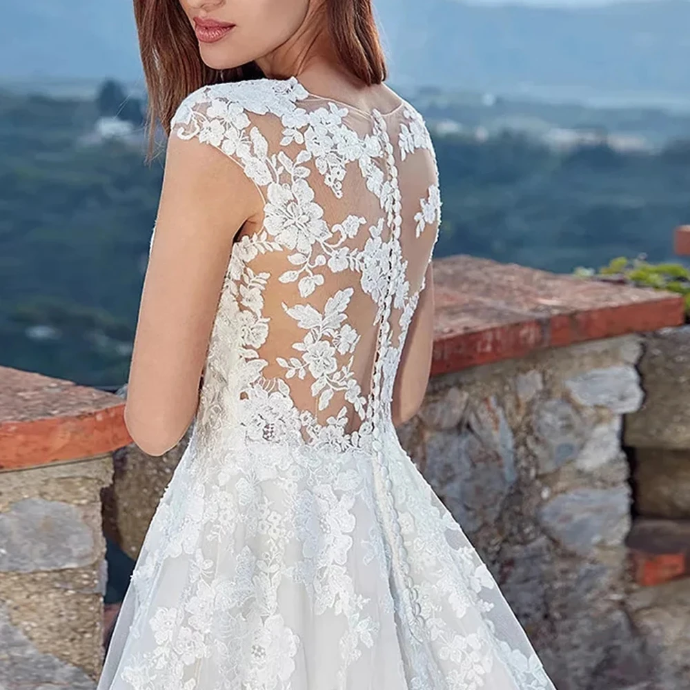 Elegant Lace A Line Wedding Dress O Neck Appliques Floor Length Formal Bride Marriage Bridal Gowns Robe De Marriee Plus Size
