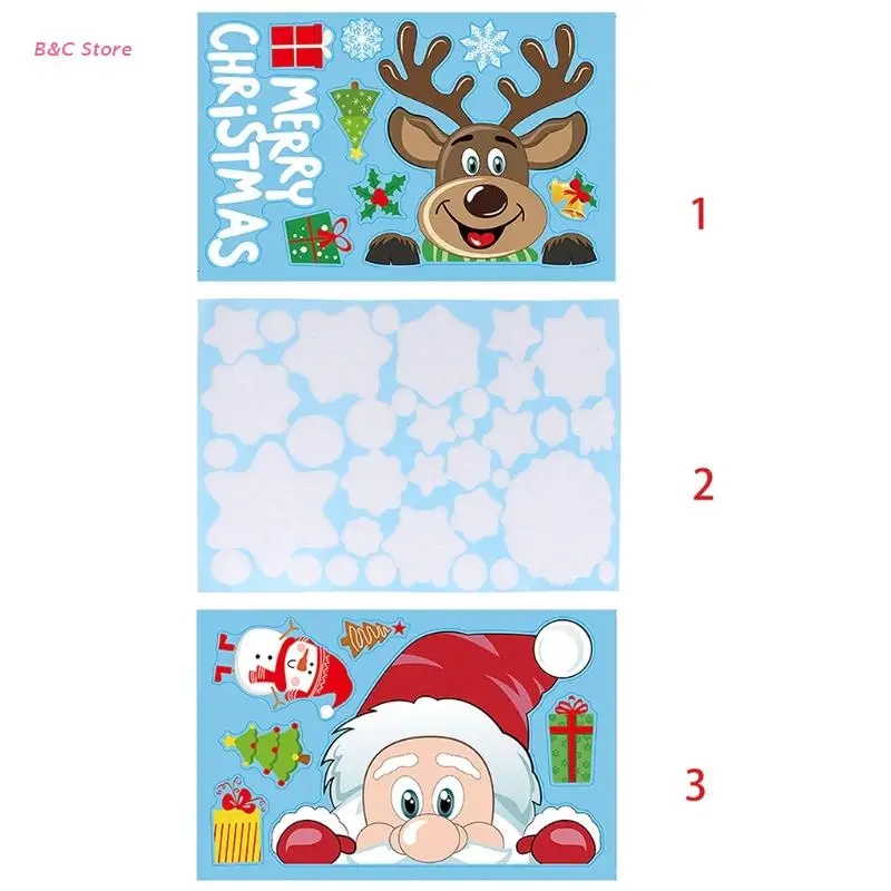 

24BC Christmas Window Clings Stickers Cartoon Reindeer Santa Decals Party Decoration