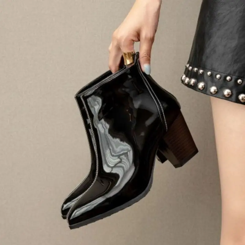 

KemeKiss Size 32-46 Women Ankle Boots Thick Heel Pointed Toe Zipper Shoes Patent Leather Winter Warm Boots Fashion Footwear