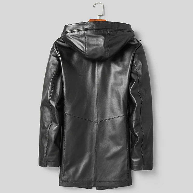 DK с капюшоном средней длины кожаное пальто для мужчин осень весна Высокое