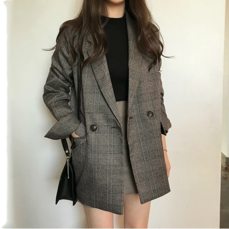 2019 New Autumn Women Jacket Double-row two-grain plaid suit jacket outwear casual turn down collar office blazer CA3463 | Женская