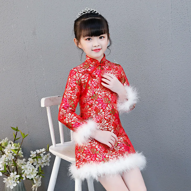 Новогоднее традиционное китайское платье Ципао для девочек в стиле ретро
