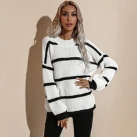 streetwear striped print plus size sweater women autumn winter long sleeve o neck fashion pullover sweaters female elegant tops